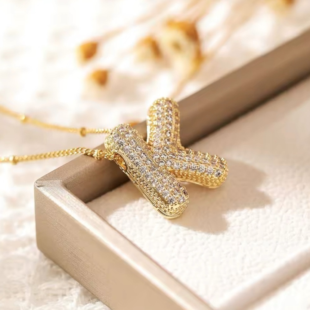 18K Gold Bubble Letter K Initial Pave Diamond Inlay Monogram Pendant Necklace